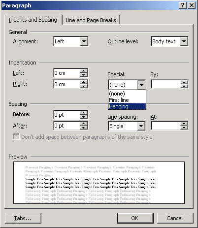 hanging indents